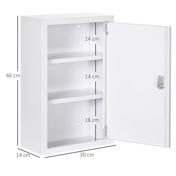 kleankin Medicinskab i Hvid Stål med 3 Hylder - Aflåseligt Førstehjælpsskab 30x14x46 cm