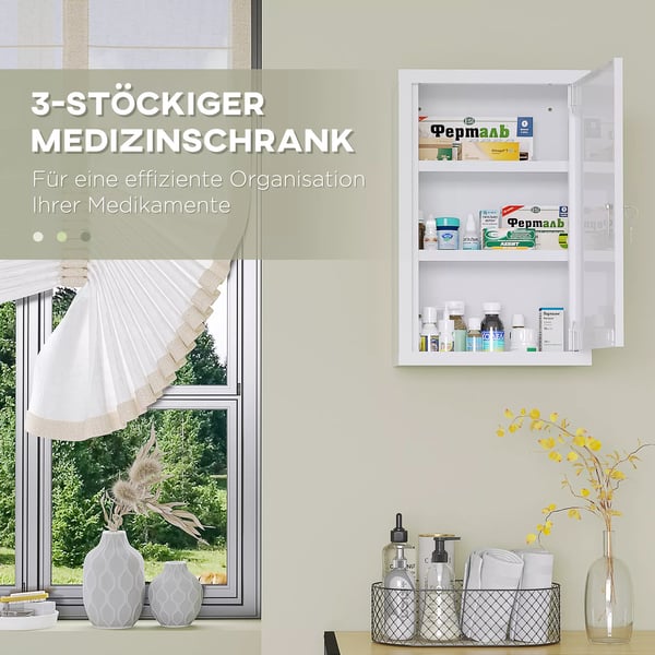 kleankin Medicinskab i Hvid Stål med 3 Hylder - Aflåseligt Førstehjælpsskab 30x14x46 cm