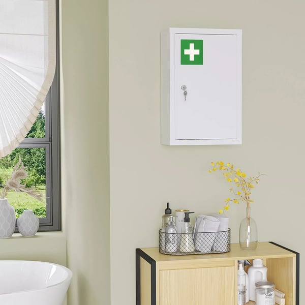 kleankin Medicinskab i Hvid Stål med 3 Hylder - Aflåseligt Førstehjælpsskab 30x14x46 cm
