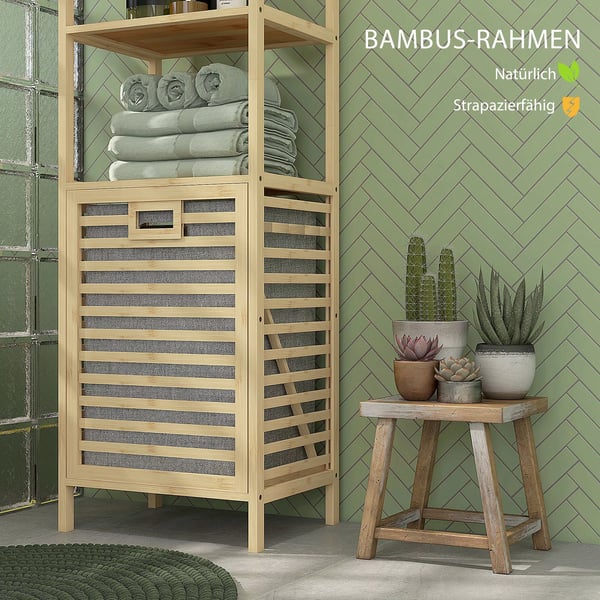 HOMCOM Badeværelsesskab Bambus med Vasketøjskurv 3 Hylder Natur 44x33x160 cm