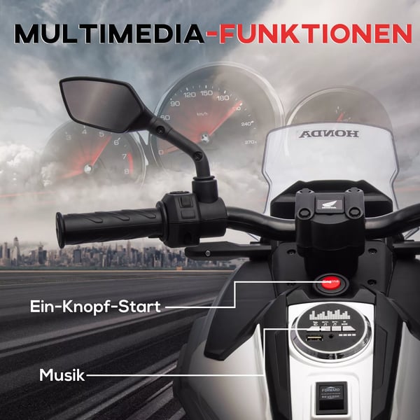 AIYAPLAY Elektrisk motorcykel til børn 12V, Hvid – Honda-licens, MP3, USB, Lys, Læringsfunktioner, Støttehjul, 3 km/t, 3-6 år