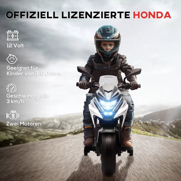 AIYAPLAY Elektrisk motorcykel til børn 12V, Hvid – Honda-licens, MP3, USB, Lys, Læringsfunktioner, Støttehjul, 3 km/t, 3-6 år