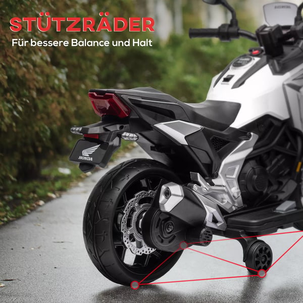 AIYAPLAY Elektrisk motorcykel til børn 12V, Hvid – Honda-licens, MP3, USB, Lys, Læringsfunktioner, Støttehjul, 3 km/t, 3-6 år