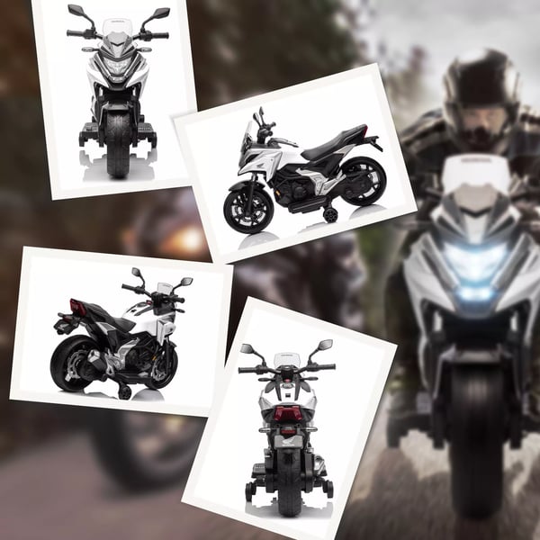 AIYAPLAY Elektrisk motorcykel til børn 12V, Hvid – Honda-licens, MP3, USB, Lys, Læringsfunktioner, Støttehjul, 3 km/t, 3-6 år