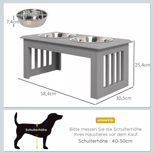 Hundmatsstation i Rostfritt Stål med 2 Skålar, Förhöjd Design, Grå, 58,4 x 30,5 x 25,4 cm