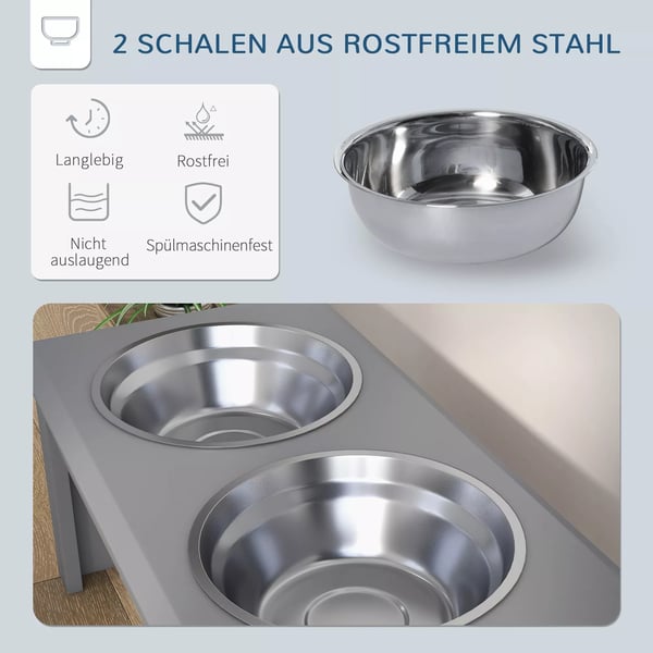 Hundmatsstation i Rostfritt Stål med 2 Skålar, Förhöjd Design, Grå, 58,4 x 30,5 x 25,4 cm