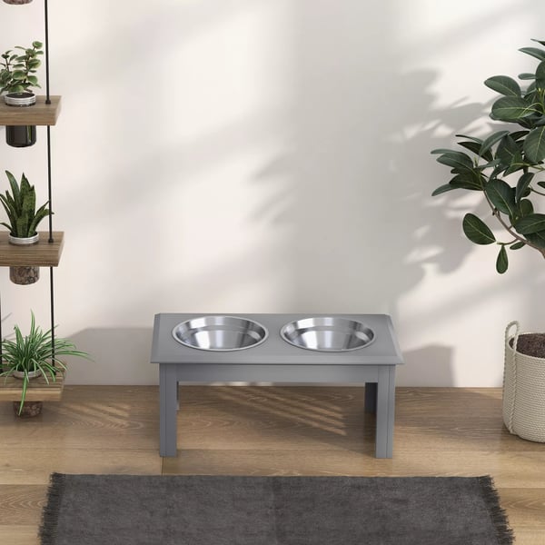 Hundmatsstation i Rostfritt Stål med 2 Skålar, Förhöjd Design, Grå, 58,4 x 30,5 x 25,4 cm