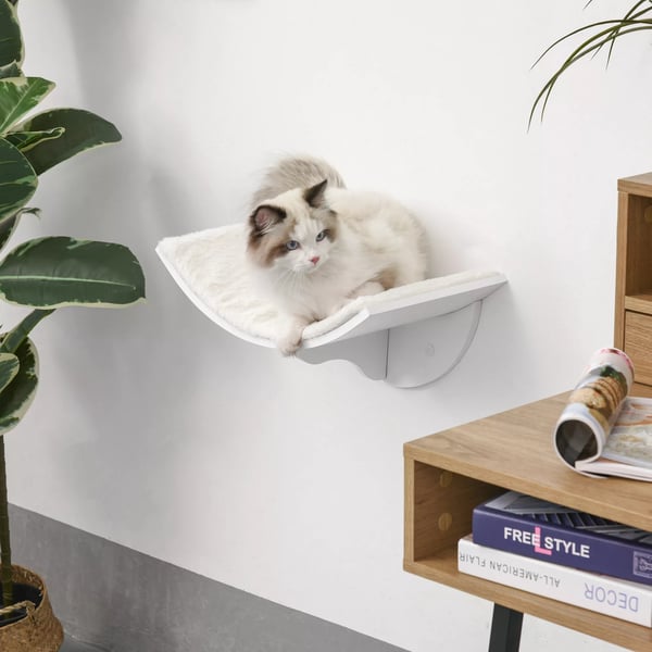 PawHut katteseng katte-vægseng katteseng kattereol vægmontering plysunderlag hvid 41 x 28 x 21 cm | Aosom