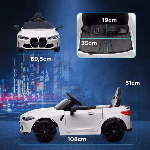BMW M4 Elbil til Børn, 12V, Fjernbetjent, Affjedring, MP3, USB, LED Lys, Hvid