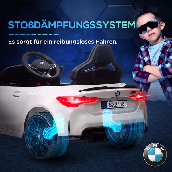 BMW M4 Elbil til Børn, 12V, Fjernbetjent, Affjedring, MP3, USB, LED Lys, Hvid