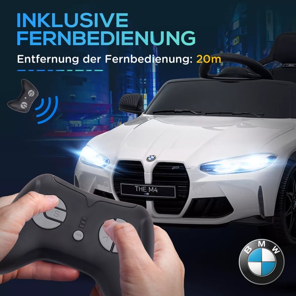 BMW M4 Elbil til Børn, 12V, Fjernbetjent, Affjedring, MP3, USB, LED Lys, Hvid