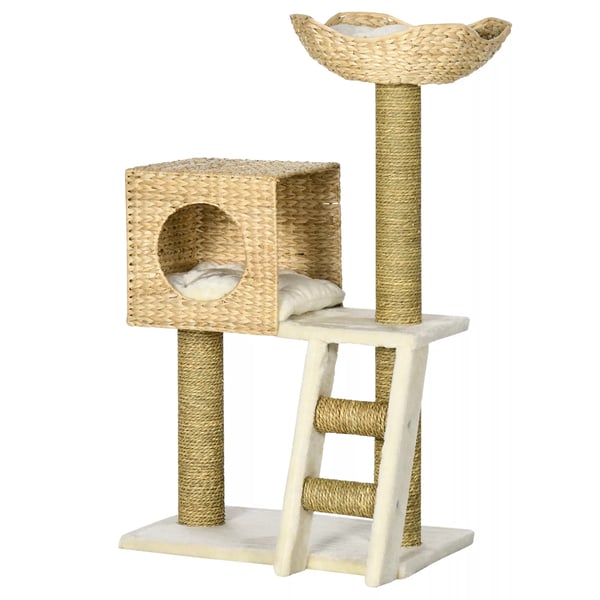 PawHut Raapimispuu 100.5cm, Luonnonpuu + Lastulevy, Kissan leikkipaikka luolalla ja tyynyllä.