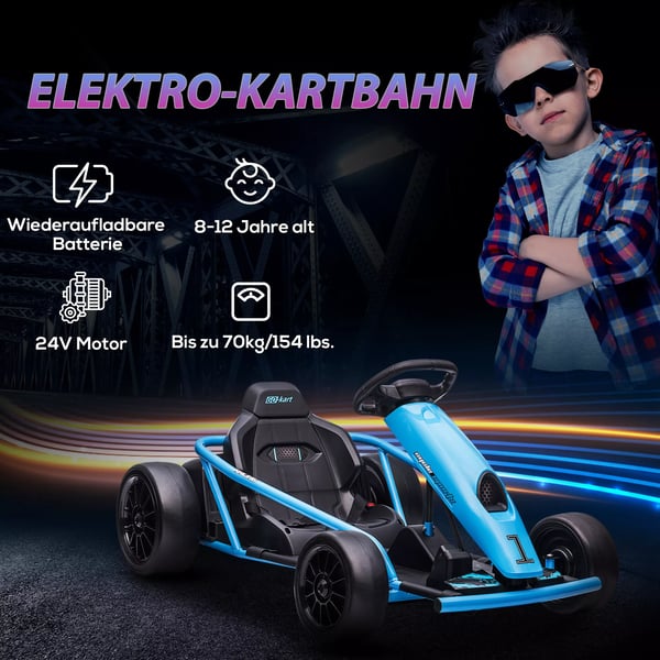 Elektrisk Gokart til Børn 24V - Blå Drift Kart med Langsom Start og Musik
