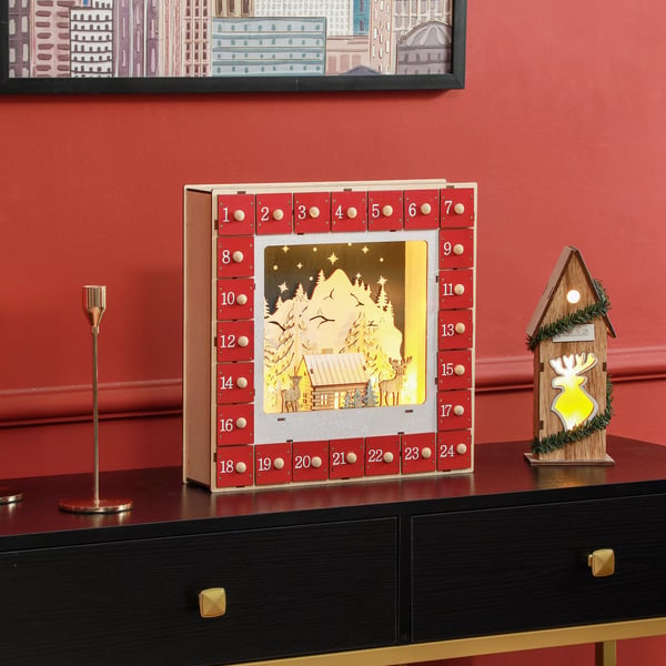HOMCOM Joulukalenteri LED-valoilla, 24 laatikkoa, punainen MDF, 34x34x7cm
