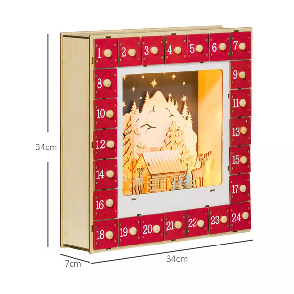HOMCOM Joulukalenteri LED-valoilla, 24 laatikkoa, punainen MDF, 34x34x7cm