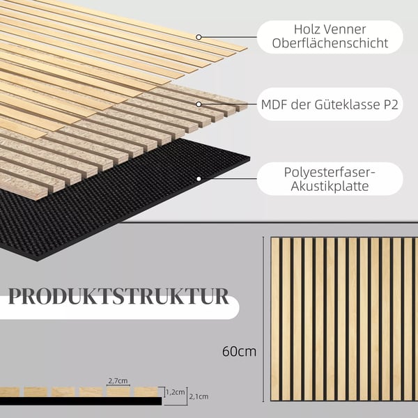 HOMCOM Akustikpaneler 4 stk. Eg, 60x60 cm MDF PET Vægpaneler til stue og kontor