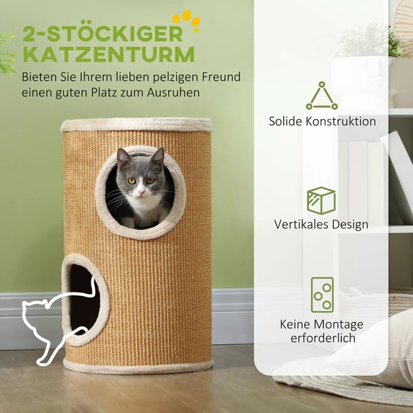 PawHut Katte Kradsetræ Tonde, 60 cm, Brun - med 2 Huler, Sisal, Spånplade