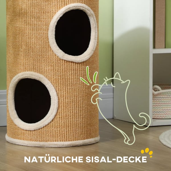 PawHut Katte Kradsetræ Tonde, 60 cm, Brun - med 2 Huler, Sisal, Spånplade