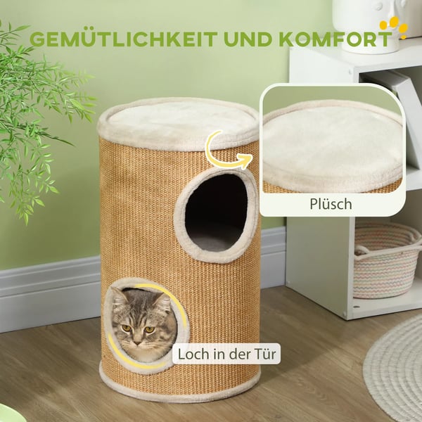 PawHut Katte Kradsetræ Tonde, 60 cm, Brun - med 2 Huler, Sisal, Spånplade