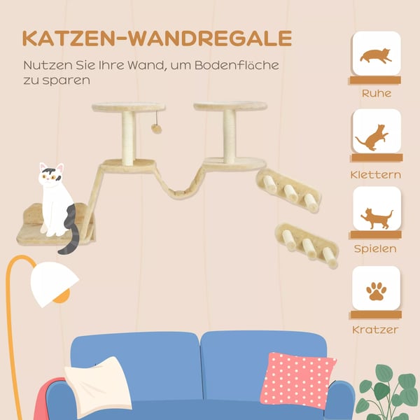 PawHut Vægmonteret Katsesæt, 3-delt Vogngemøbel med Kradsetræ, Siddepladser, Stige, Trin, Kradsebræt, til Katte op til 5 kg, Sisal, Beige