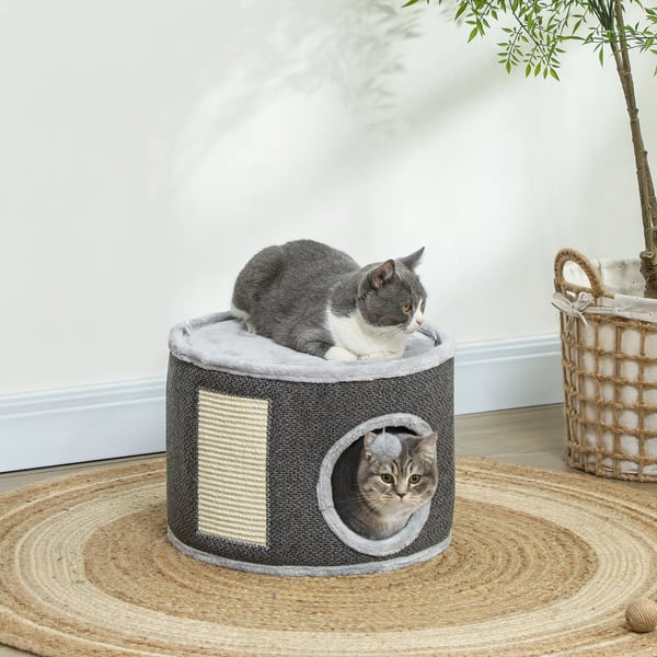 PawHut kradsetønde, 30 cm høj kattetønde med hule, kradsetræ, kattetårn af sisal, til katte op til 5 kg, mørkegrå