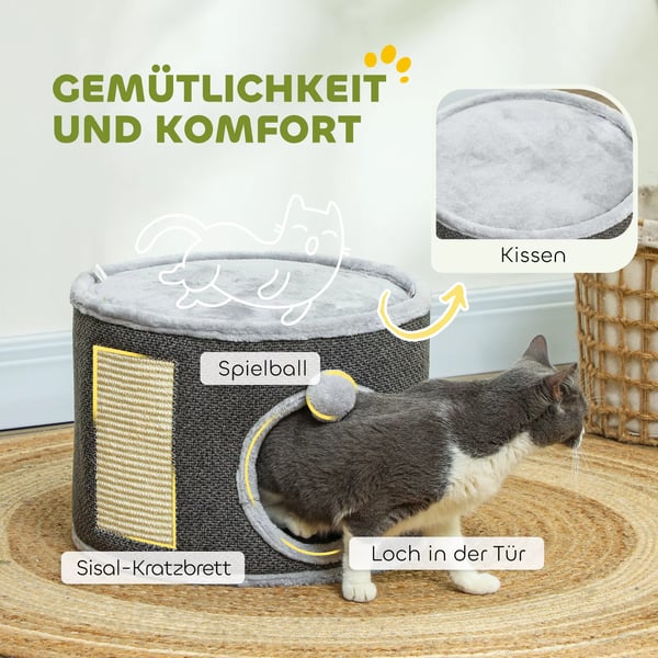 PawHut kradsetønde, 30 cm høj kattetønde med hule, kradsetræ, kattetårn af sisal, til katte op til 5 kg, mørkegrå