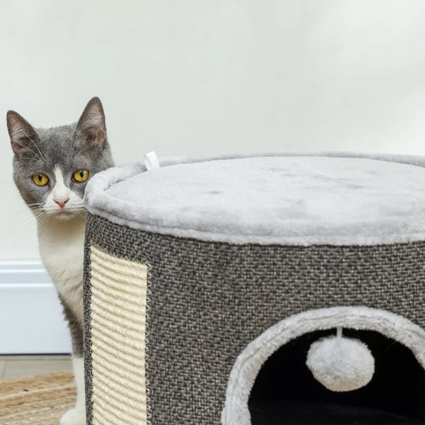 PawHut kradsetønde, 30 cm høj kattetønde med hule, kradsetræ, kattetårn af sisal, til katte op til 5 kg, mørkegrå