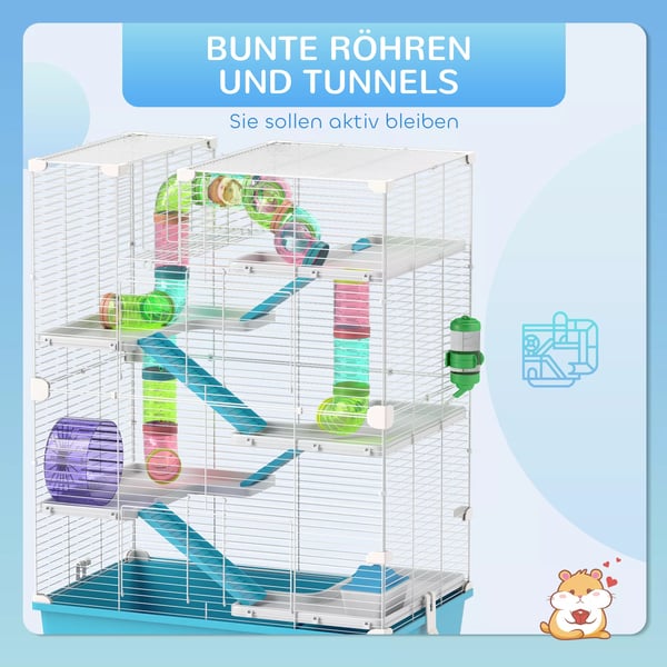 PawHut Hamsterihäkki, 6 kerrosta, Vaaleansininen - Pieneläinhäkki putkilla, majalla, juoksupyörällä, ruokakupilla, vesipullolla, luiskilla kääpiöhamst