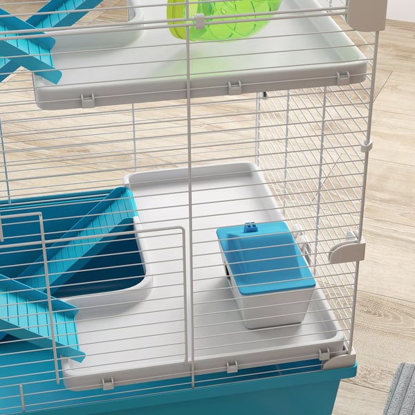 PawHut Hamsterihäkki, 6 kerrosta, Vaaleansininen - Pieneläinhäkki putkilla, majalla, juoksupyörällä, ruokakupilla, vesipullolla, luiskilla kääpiöhamst