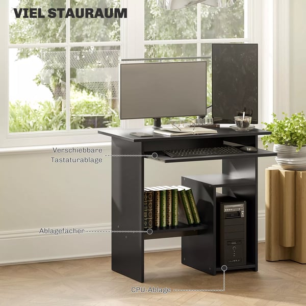 HOMCOM Skrivebord med hylder, computerbord til hjemmekontor, mµbeholder, 80x45x75 cm, sort