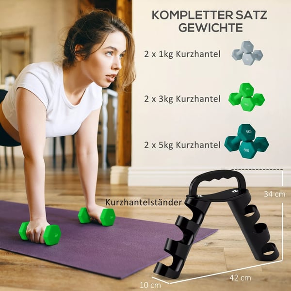 SPORTNOW Håndvægte Sæt: 6 Vægte (2x1kg, 2x3kg, 2x5kg) m. Sammenklappelig Stativ - Metal/Plastik, Grå/Grøn/Sort