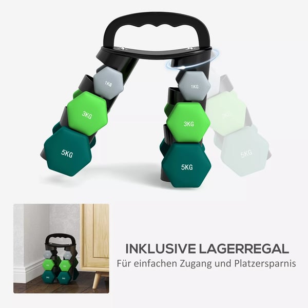 SPORTNOW Håndvægte Sæt: 6 Vægte (2x1kg, 2x3kg, 2x5kg) m. Sammenklappelig Stativ - Metal/Plastik, Grå/Grøn/Sort