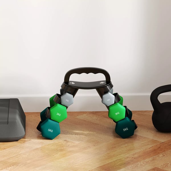 SPORTNOW Håndvægte Sæt: 6 Vægte (2x1kg, 2x3kg, 2x5kg) m. Sammenklappelig Stativ - Metal/Plastik, Grå/Grøn/Sort