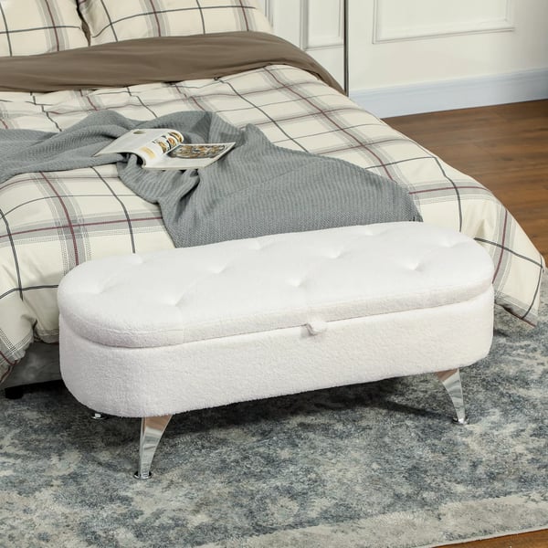 HOMCOM förvaringsbänk i plyschsammet, vit polyester, 114x47x46,5 cm