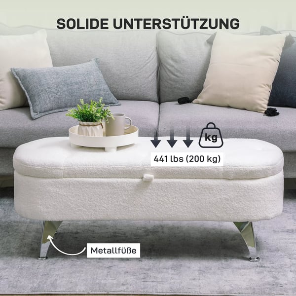 HOMCOM förvaringsbänk i plyschsammet, vit polyester, 114x47x46,5 cm