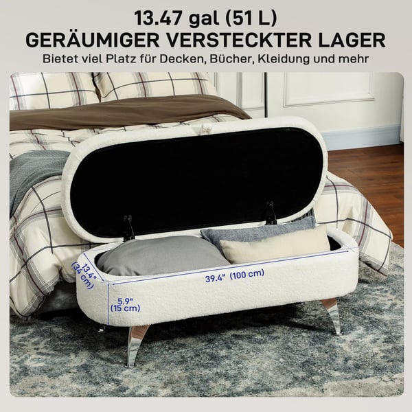 HOMCOM förvaringsbänk i plyschsammet, vit polyester, 114x47x46,5 cm