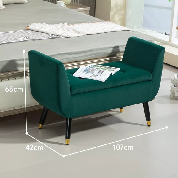 HOMCOM luksus-bænk, polstret bænk med opbevaring, armlæn, kistebænk, fløjlslignende polyester, gummitræ, grøn, 107 x 42 x 65 cm