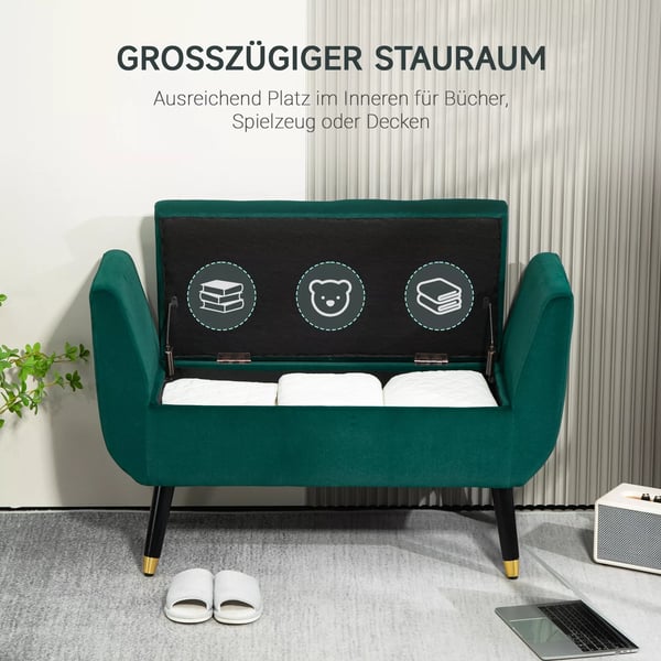 HOMCOM luksus-bænk, polstret bænk med opbevaring, armlæn, kistebænk, fløjlslignende polyester, gummitræ, grøn, 107 x 42 x 65 cm