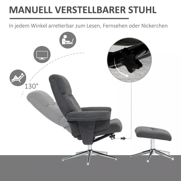 HOMCOM Lænestol med skammel, mørkegrå, polstret hvilestol med liggefunktion, velour-look, træstel, max 150 kg