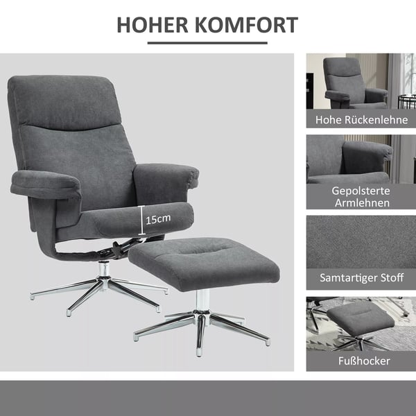 HOMCOM Lænestol med skammel, mørkegrå, polstret hvilestol med liggefunktion, velour-look, træstel, max 150 kg