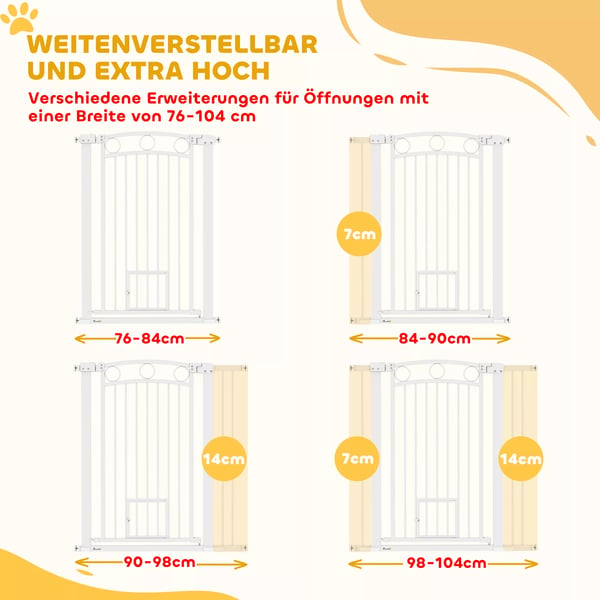 Dørgitter til hunde: Justerbart sikkerhedsgitter i hvid plast, 76-104 cm, perfekt til trapper og døre