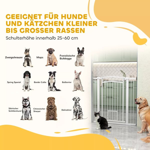 Dørgitter til hunde: Justerbart sikkerhedsgitter i hvid plast, 76-104 cm, perfekt til trapper og døre