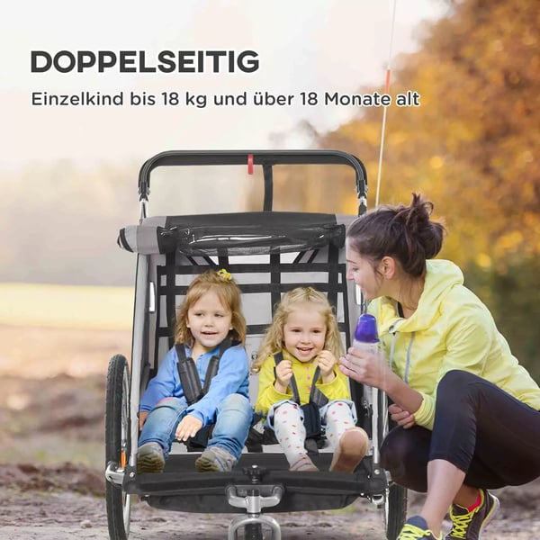 HOMCOM 2-i-1 Barncykelvagn - Hopfällbar, Vagn för 2 Barn, Grå/Svart, Polyester