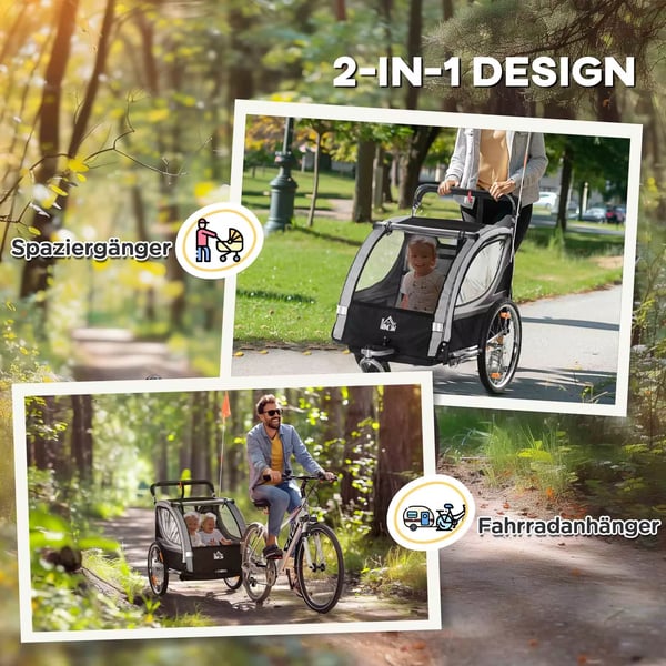 HOMCOM 2-i-1 Barncykelvagn - Hopfällbar, Vagn för 2 Barn, Grå/Svart, Polyester