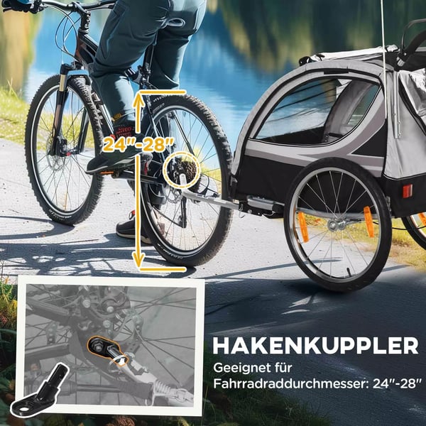 HOMCOM 2-i-1 Barncykelvagn - Hopfällbar, Vagn för 2 Barn, Grå/Svart, Polyester