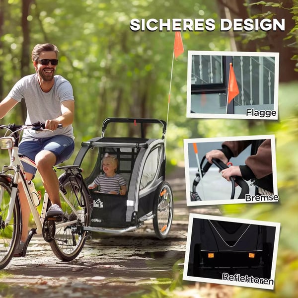 HOMCOM 2-i-1 Barncykelvagn - Hopfällbar, Vagn för 2 Barn, Grå/Svart, Polyester