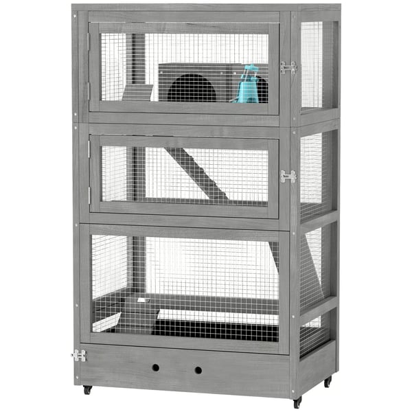 PawHut Træ Hamsterbur, 65 x 45 x 109 cm, Gnaverbur med hus, vippe, bakke, madskåle, 4-trins, med lås, ramper, hjul, grå