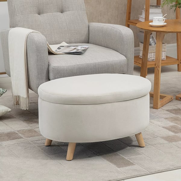 HOMCOM polstret opbevaringsbænk, oval, beige fløjlslook, med låg, til entré/stue, 71x51,5x42 cm