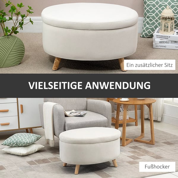 HOMCOM polstret opbevaringsbænk, oval, beige fløjlslook, med låg, til entré/stue, 71x51,5x42 cm