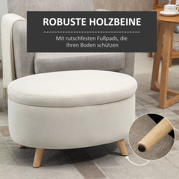 HOMCOM polstret opbevaringsbænk, oval, beige fløjlslook, med låg, til entré/stue, 71x51,5x42 cm